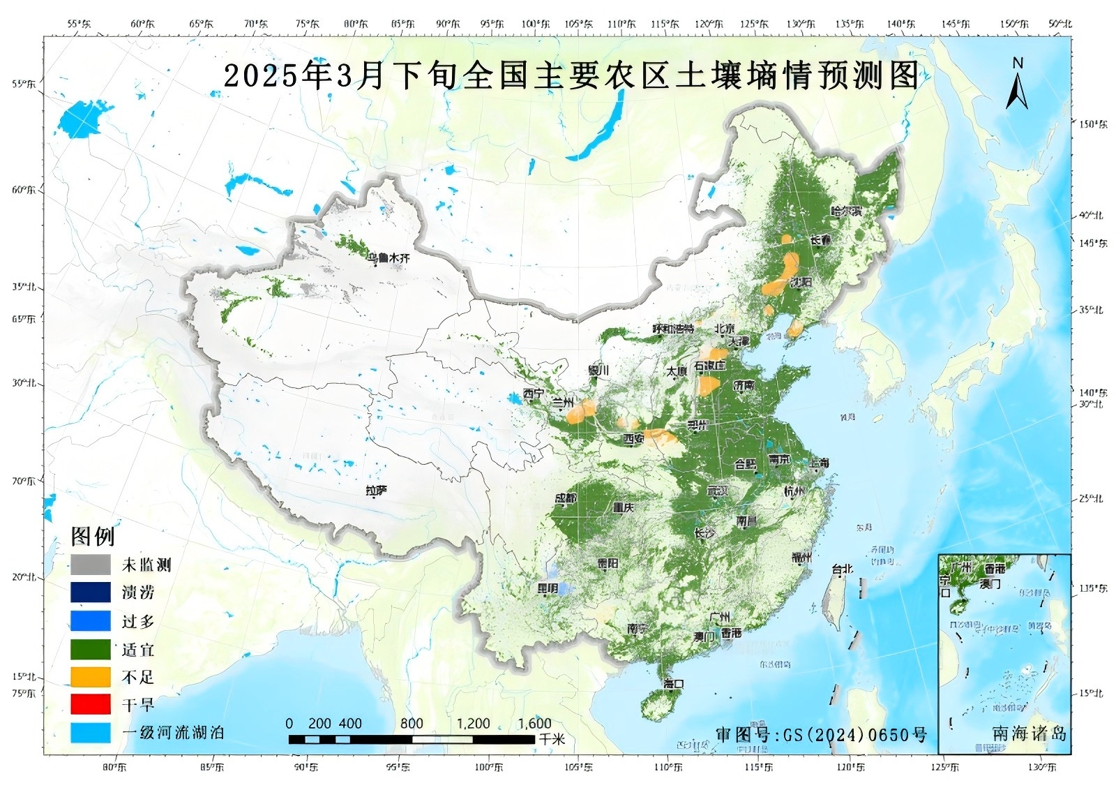 2025年3月下旬全国主要农区土壤墒情预测图